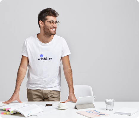 man wearing white wishlist t-shirt